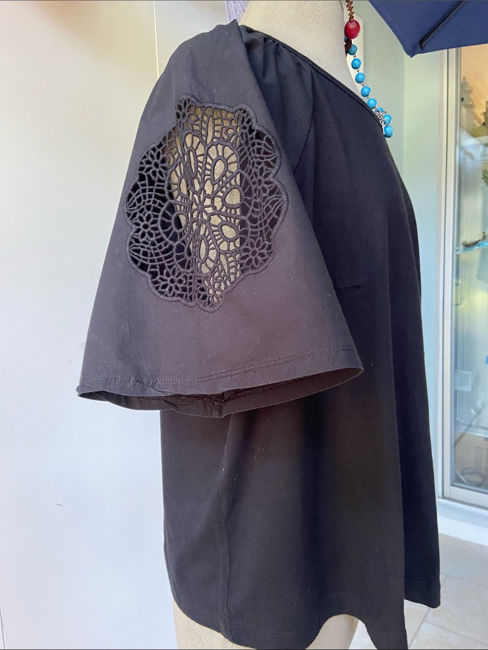 Old Navy Black A-Line Teashirt with Crochet Lace Accent